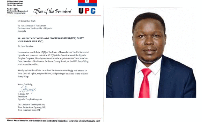 From 'People's MP' to Party Enforcer: UPC Bets on Jonathan Odur as New Whip
