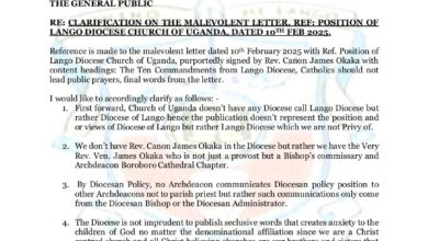 WE ARE NOT AWARE OF MALEVOLENT LETTER,REF:POSITION OF LANGO DIOCESE CHURCH OF UGANDA DATED 10th.FEB.2025.