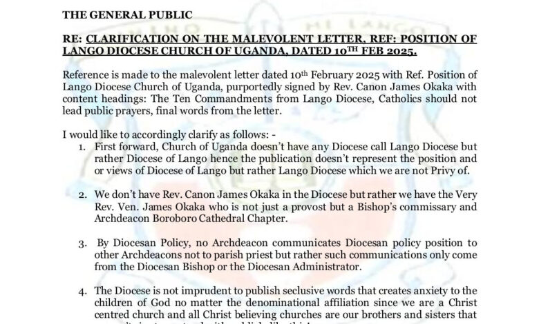 WE ARE NOT AWARE OF MALEVOLENT LETTER,REF:POSITION OF LANGO DIOCESE CHURCH OF UGANDA DATED 10th.FEB.2025.